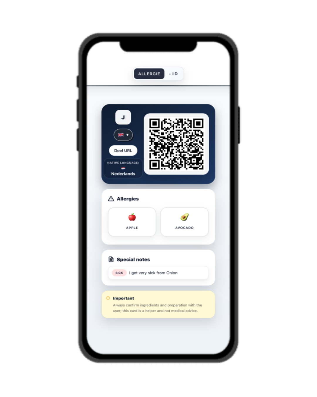 Voorbeeld van een publiek Allergie-ID profiel op telefoon