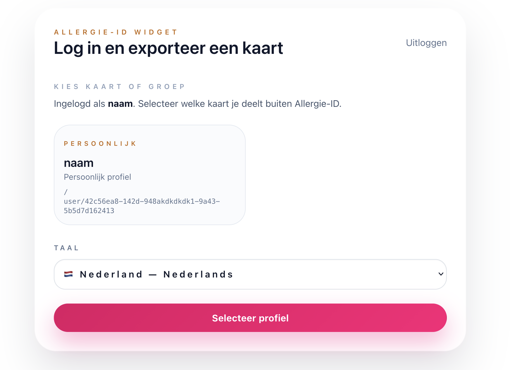 Voorbeeld van profiel of groep kiezen in de Allergie-ID widget