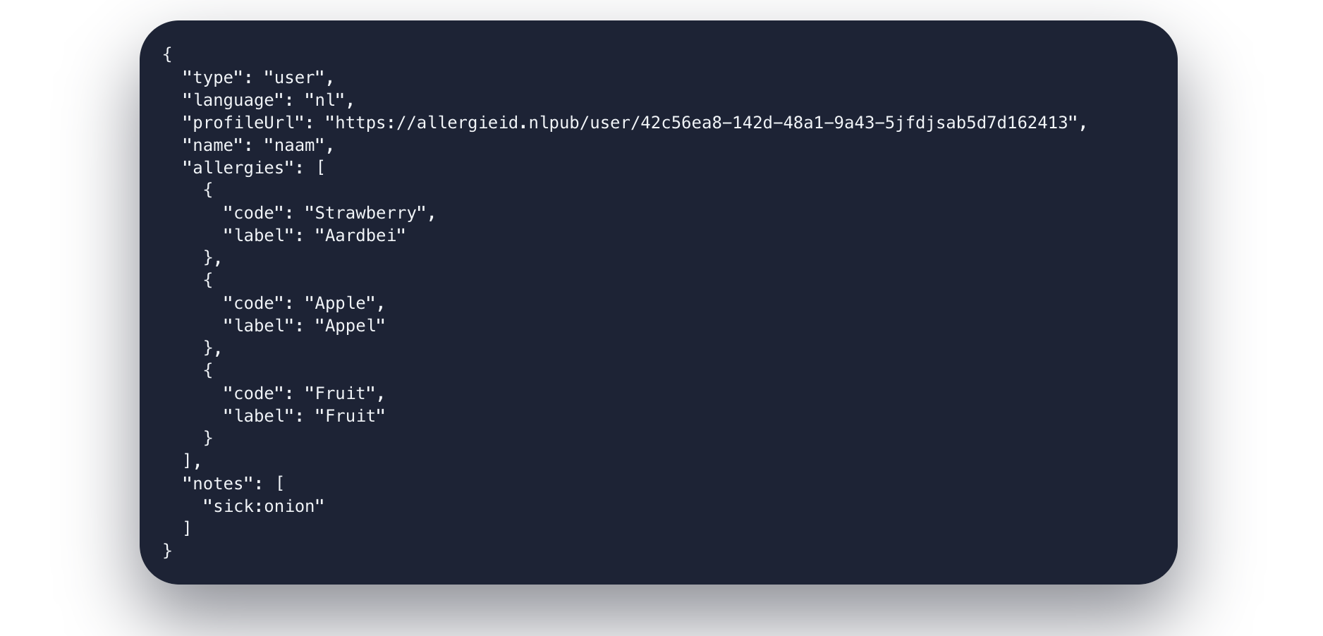 Voorbeeld van JSON output uit de Allergie-ID widget